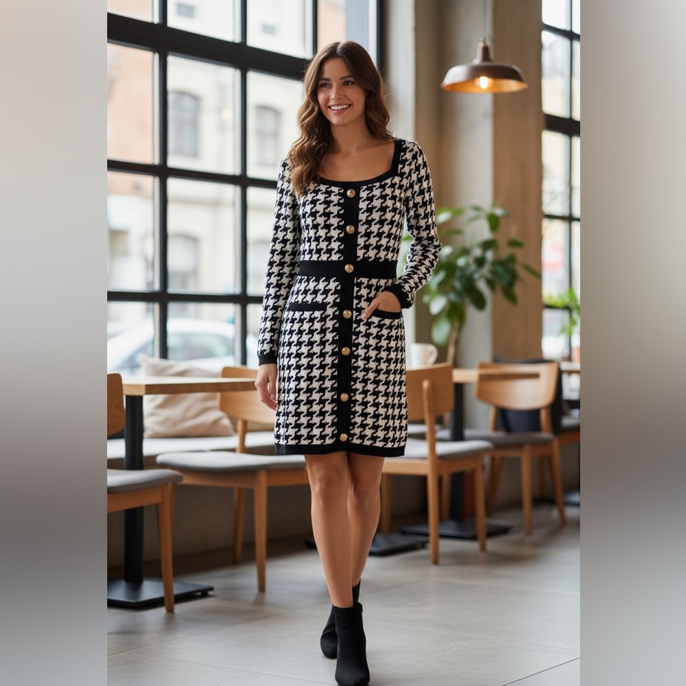 #388 Elegant Black and White Houndstooth Dress